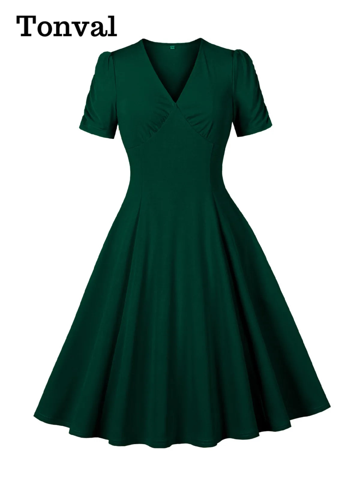 Tonval V-Neck Ruched Sleeve Green Plain Vintage Women Midi Dresses 2026 Summer Retro Prom Party Wear Pockets Side Swing Dress