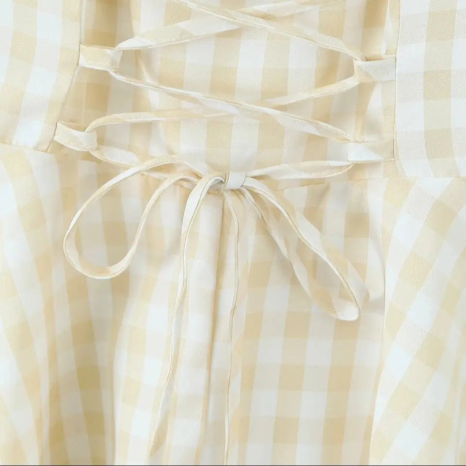 2025 Sexy Plaid Corset Style Bow Halter Sling Dress Women Lacing Up Bandage Back Slim Waist Mini Ball Gown Swing Dresses Robe