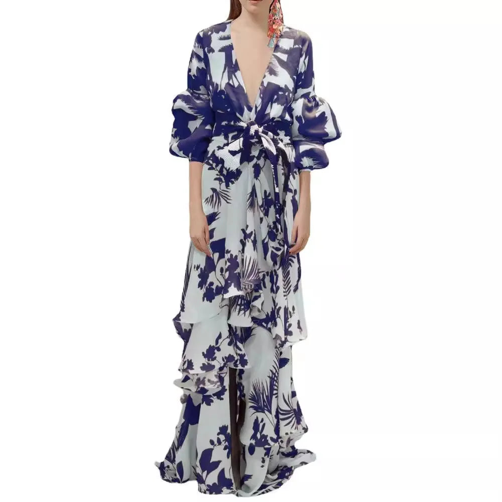 Summer Chiffon Floral Print Dress for Women Casual Short Sleeve Holiday Long Dress Female V-Neck Beach Irregular Bohemian Dress