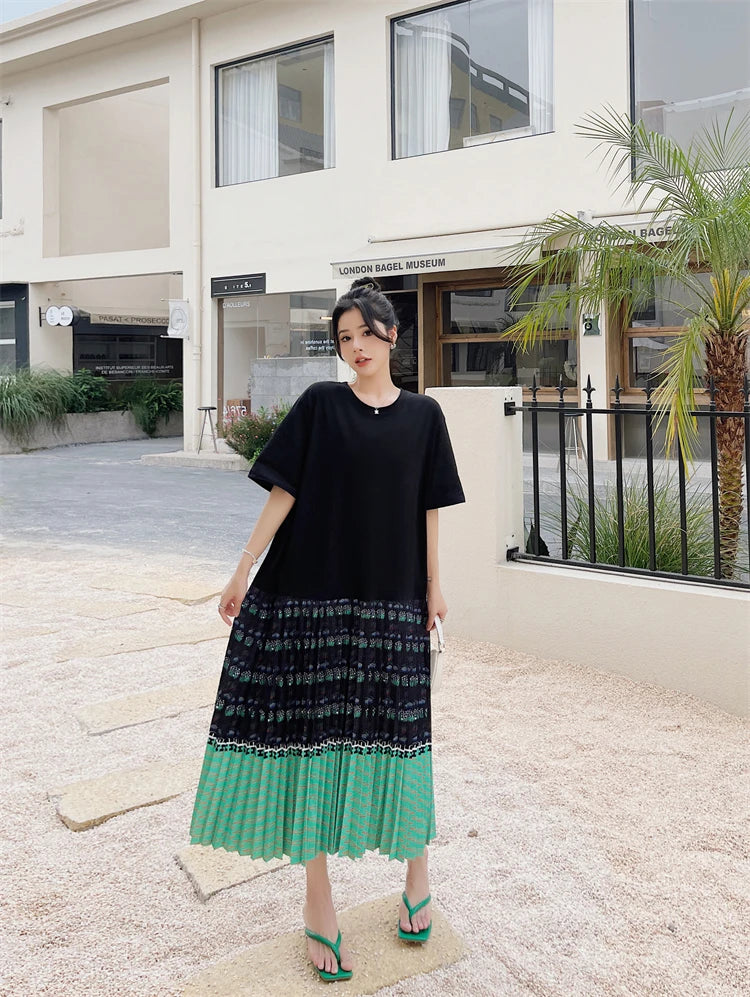 NYFS 2026 Summer New Korean Woman Dress Vestidos Robe Elbise Loose Plus Size Short Sleeve Patchwork Two Fake Pieces Long Dresses