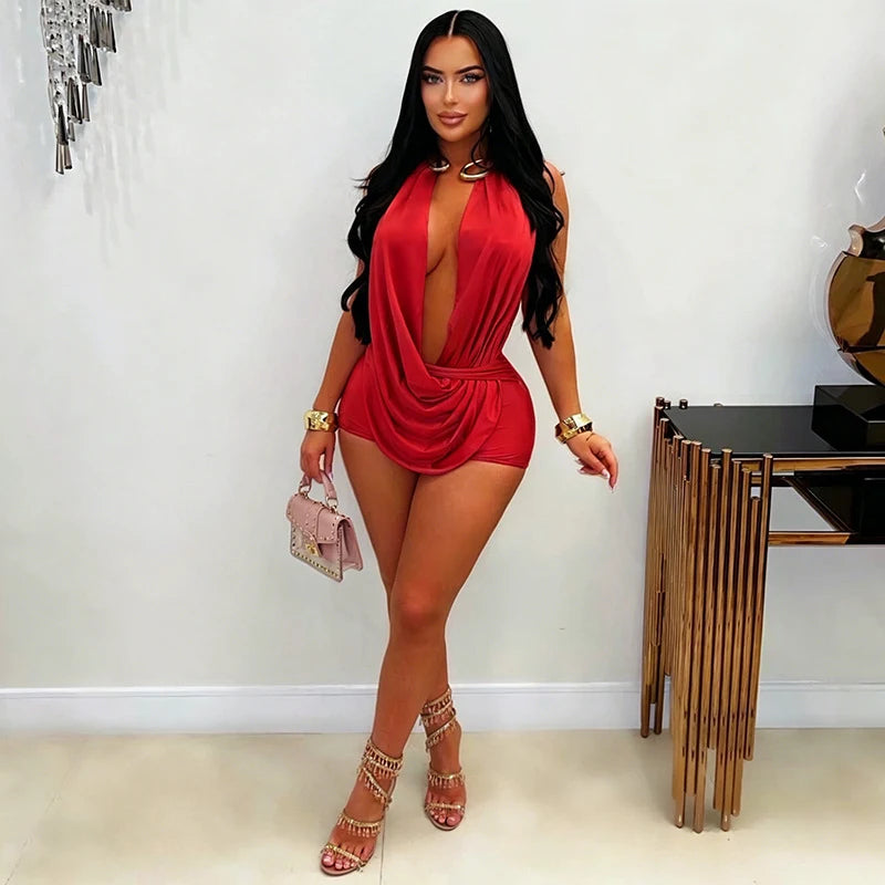 Sexy Deep V-neck Halter Backless Bodycon Rompers Woman Playsuit Sleeveless Ruched Jumpsuit Short Overalls Night Party Outfits