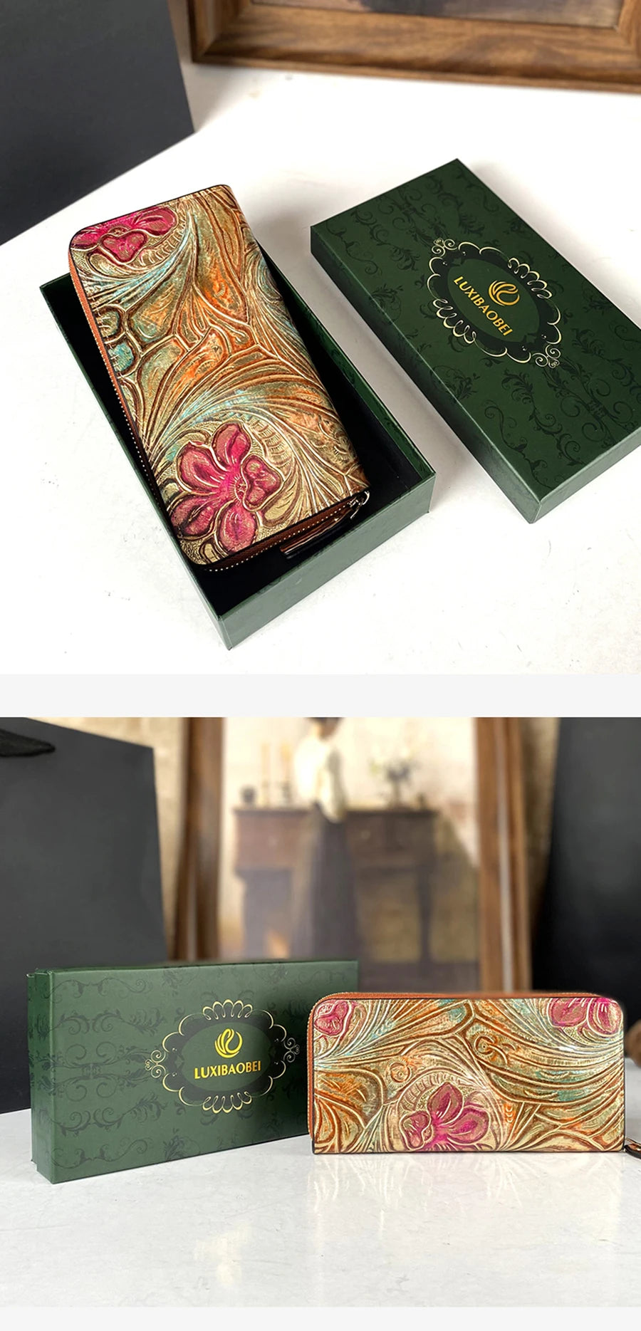 2025 New Retro Fashion Trendy Women's Wallet Gift Box with Carved Multi Card Embossed Zipper Long Wallet
