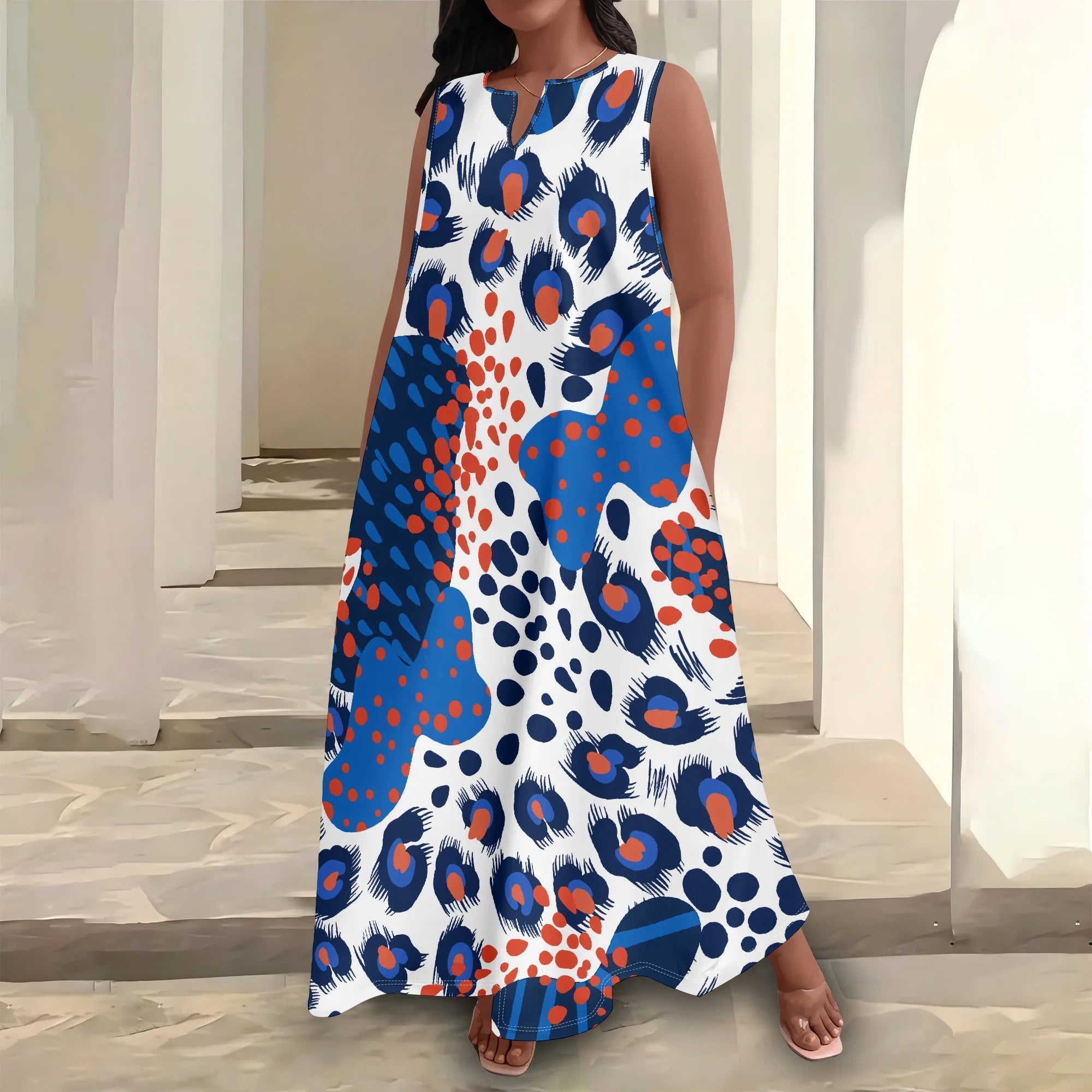Plus Size Women's  Summerl Fashion Printed  African Style Sleeveless Round V Neck Dress Loose And Casual Dress