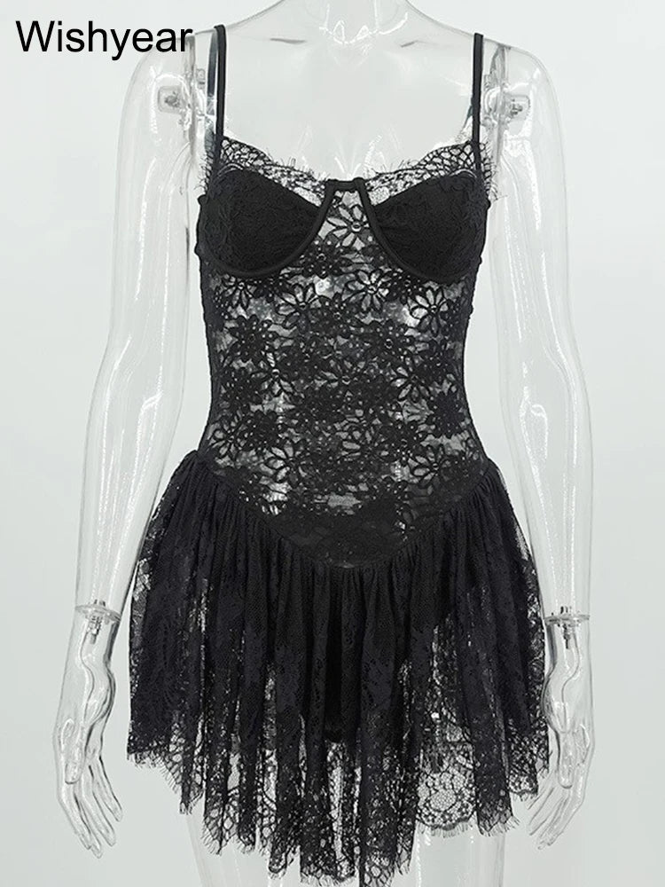 Wishyear Sexy Spaghetti Strap Lace See Through Bodycon Mini Dress Women Sexy Night Club Hot Girl Party Dance Bar Vestidos 2025