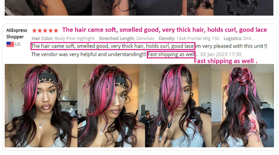 Pink Highlight 13x6 Lace Front Wig Pre Plucked Body Wave Colored Human Hair Wigs Transparent Peruvian Remy Hair For Black Women