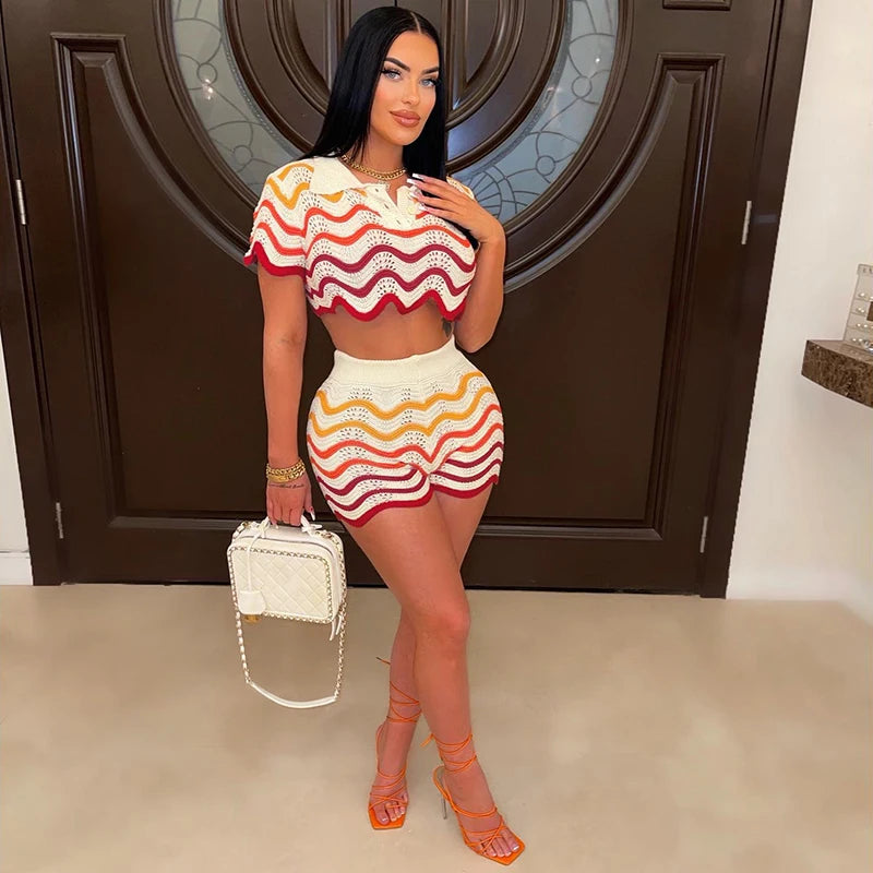 Women Wave Print 2 Piece Set Colorful Knit Stretch Thin Button Crop Tops+Shorts Matching Tracksuit Streetwear Outfits