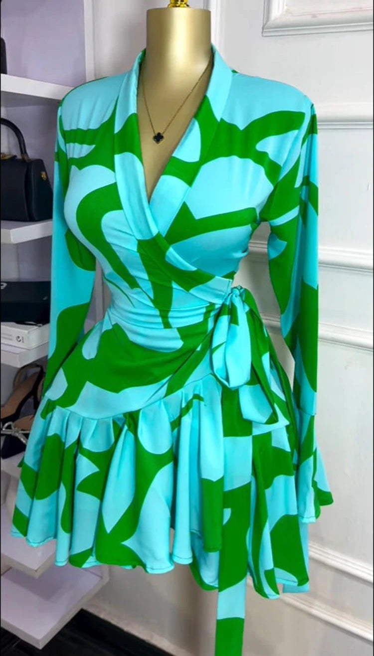 Elegant Women Tie Dye Print Flare Long Sleeve Wrap V-neck with Sashes Ruffle Dress 2026 Elegant Vacation Party Birthday Dresses