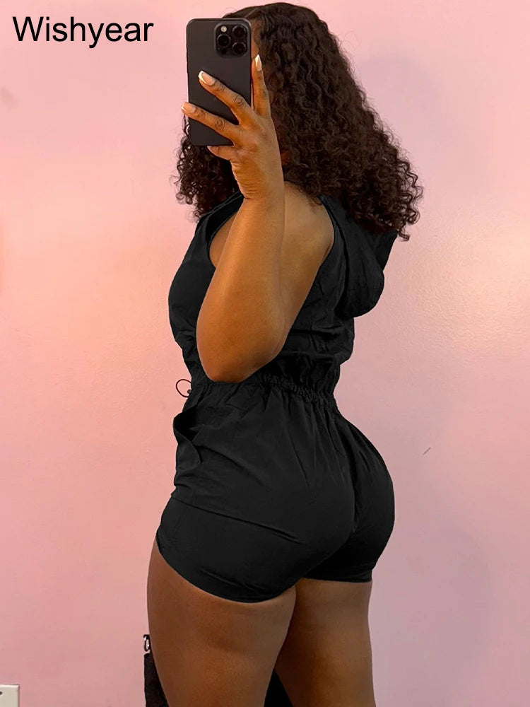 Casual Women's Short Jumpsuits Summer Sleeveless Zipper Front Drawstring Waist Playsuits Pocket One Pieces Romper Streetwear y2k