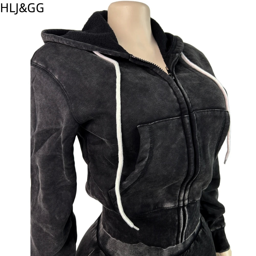 HLJ&GG High Quality Washed Casual Zip Hooded Two Piece Sets Women Long Sleeve Top+Biker Shorts Outfits Fashion Sporty Streetwear