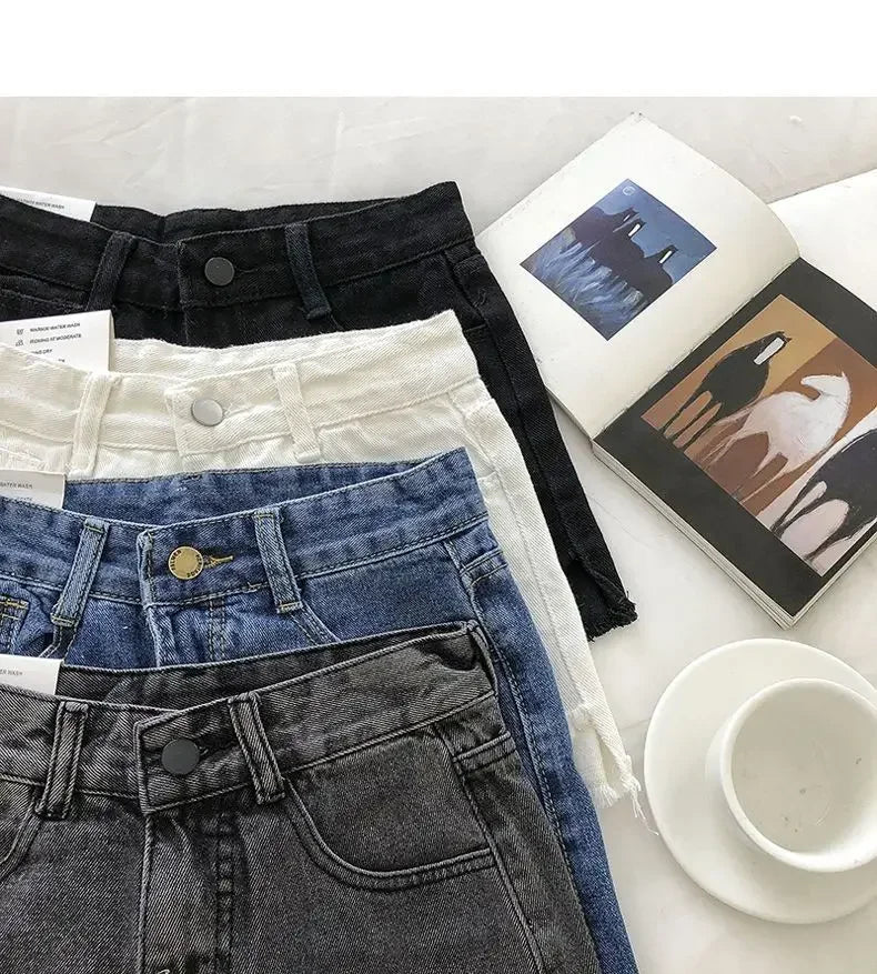 2026 New Summer Women High Wiast Raw Hem Denim Shorts Soild White Black Blue Korean Wide Leg Pants Mon Shorts  Jean Shorts