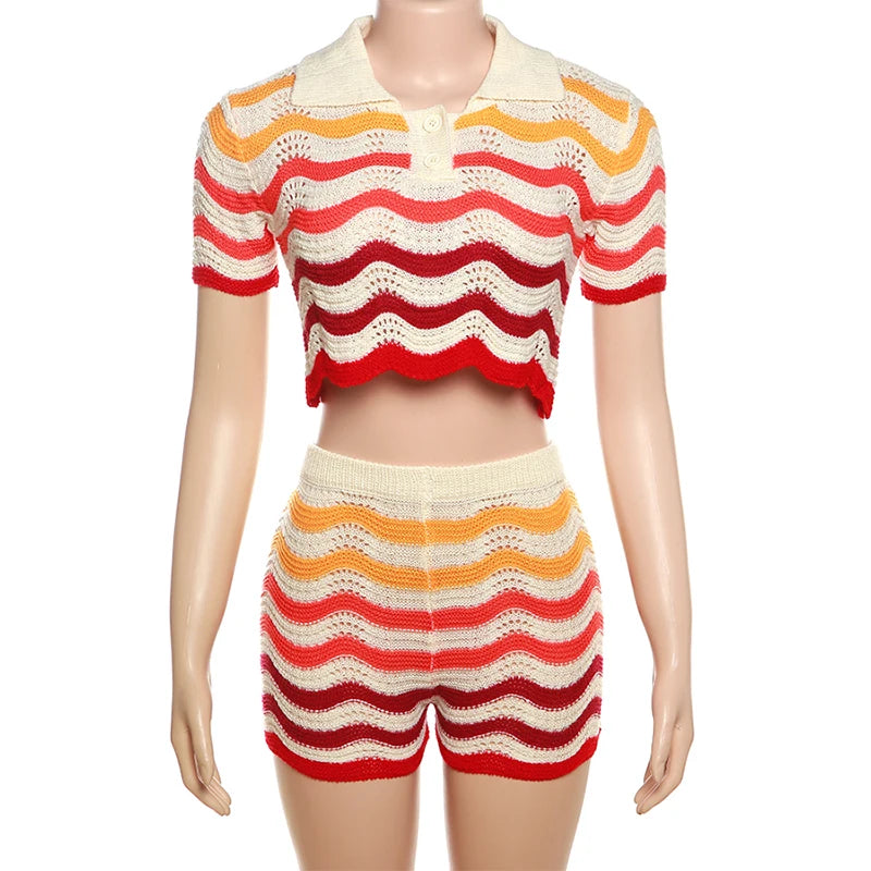 Women Wave Print 2 Piece Set Colorful Knit Stretch Thin Button Crop Tops+Shorts Matching Tracksuit Streetwear Outfits