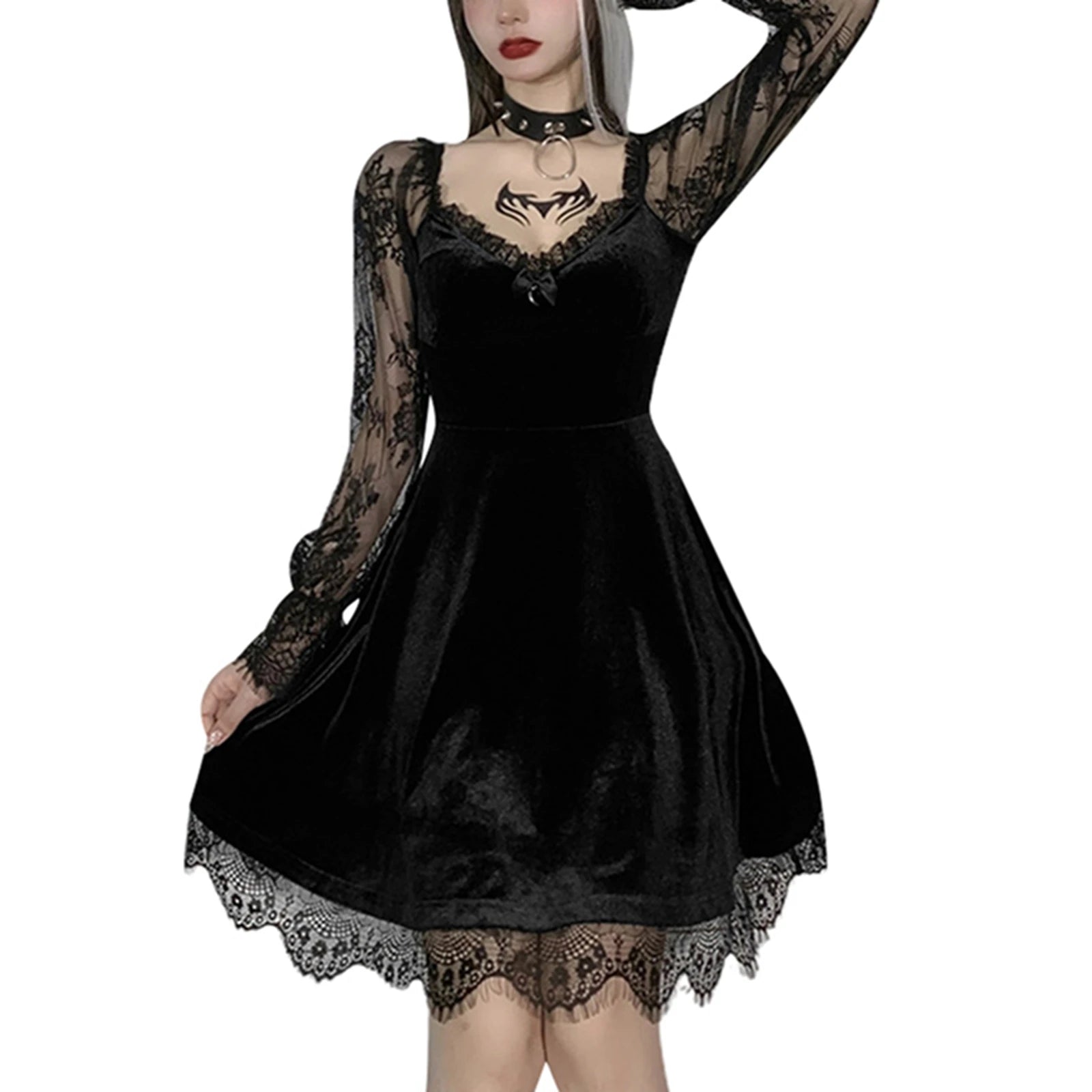 Women's Dress Gothic Style Female Dress Solid Color Lace Stitching V-Neck Long Flare Sleeve Party Clubwear For Ladies Y2k