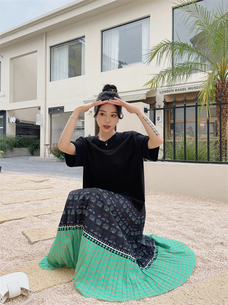 NYFS 2026 Summer New Korean Woman Dress Vestidos Robe Elbise Loose Plus Size Short Sleeve Patchwork Two Fake Pieces Long Dresses