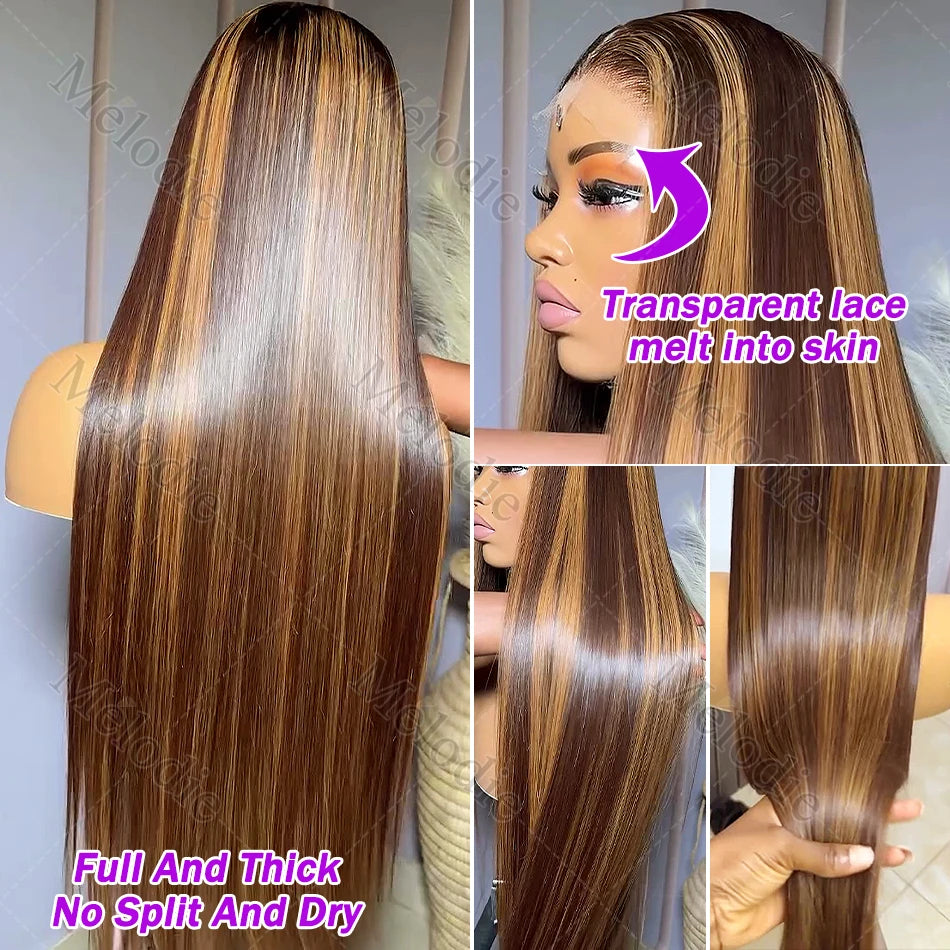 Melodie 30 40 Inch Highlight Wigs Human Hair Honey Blonde Colored Straight 13x6 Lace Frontal Wig 220% Brazilian Hair For Women