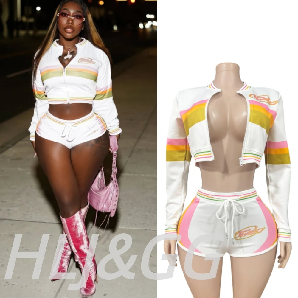 HLJ&GG Fashion Trend Y2K Striped Patchwork Two Piece Sets Women Zip Long Sleeve Crop Top + Shorts Outfits Female 2pcs Streetwear