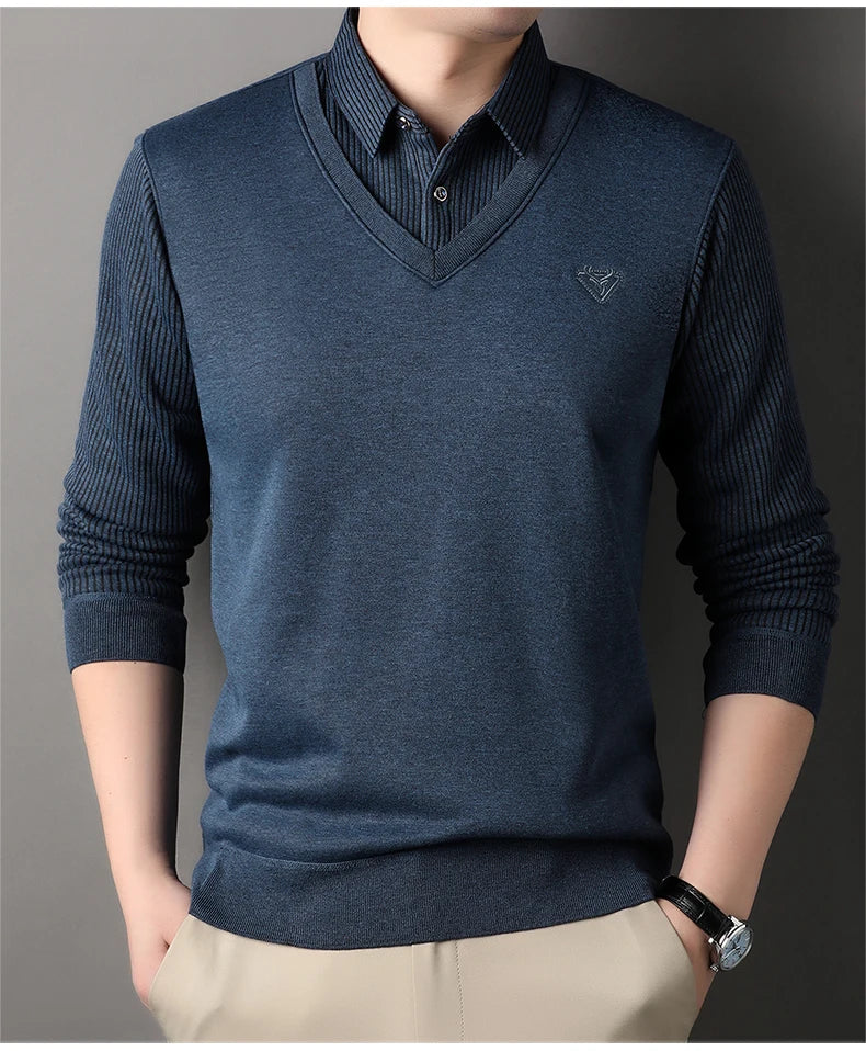 New Autumn Men's Polo Collar Shirts Fashion Knitting Pullovers Striped Thick Polo Shirts Slim Fit Korean Mens Top Clothes