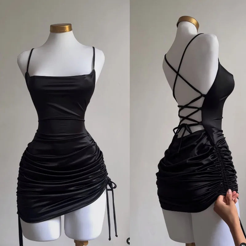 Y2K Sleelveless Backless Mini Dress Women Summer 2025 Europe America Lace Up Bodycon Dresses High Street Party Club Black Dress