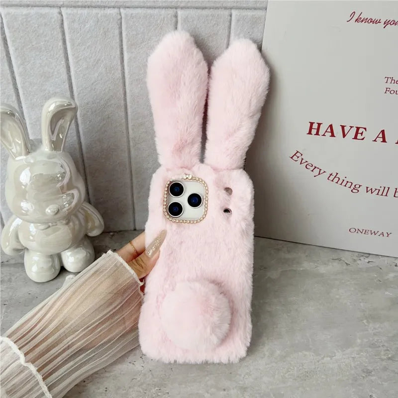 3D Cute Rabbit Ears Fur Plush Phone Case For iPhone 17 Pro Max 16 15 14 13 12 11Pro max Plus mini 17Air Furry Bunny Warm Cover