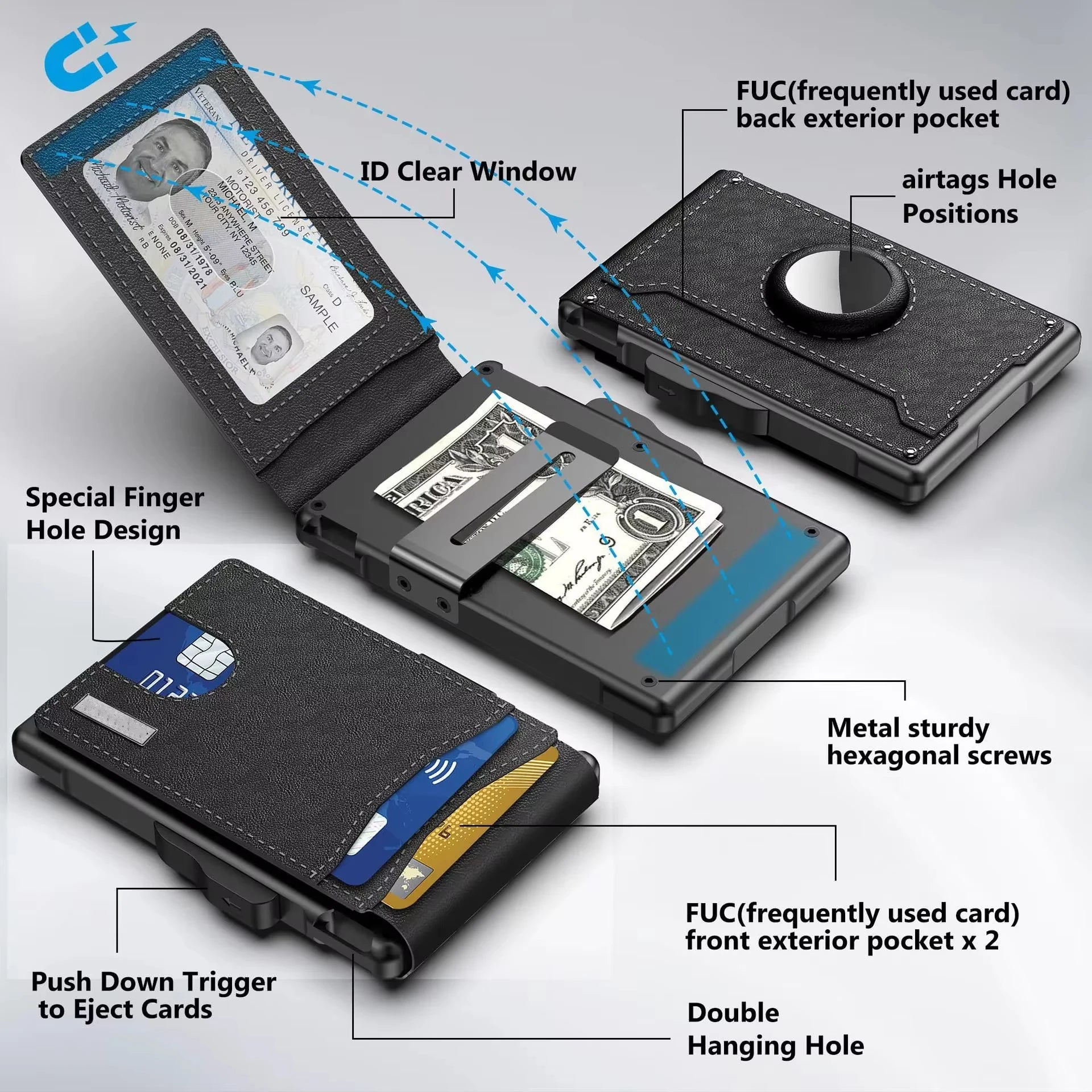 Men's Slim RFID Bifold Leather Wallet with Pop-up Aluminum Money Clip & Card Holder - Minimalist, Stylish, Secure