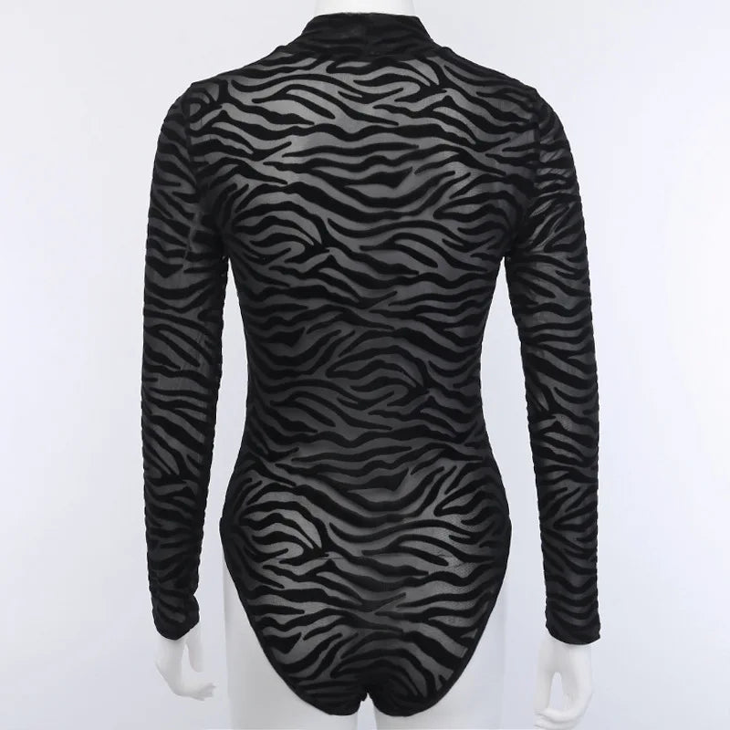 Shestyle Tiger Print Mesh Transparent Bodysuit Women Black Sexy Mock Neck Button Long Sleeve Spring Elastic Punk Body Slim