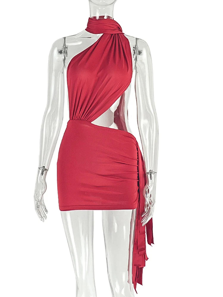 Beyprern Sexy Solid One Shoulder Bandage Mini Dress Women Asymmetric Hollow Out Ruched Bodycon Party Club Outfits Drape Vestidos