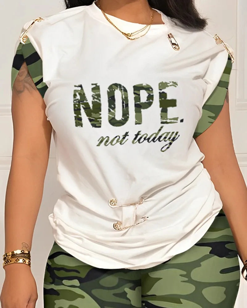 Women Leisure Pin Digital Printing Set O Neck Short Sleeve T-shirt And Shorts 2 Pieces Sets Summer Top + Short Pant 2 PCS Suits