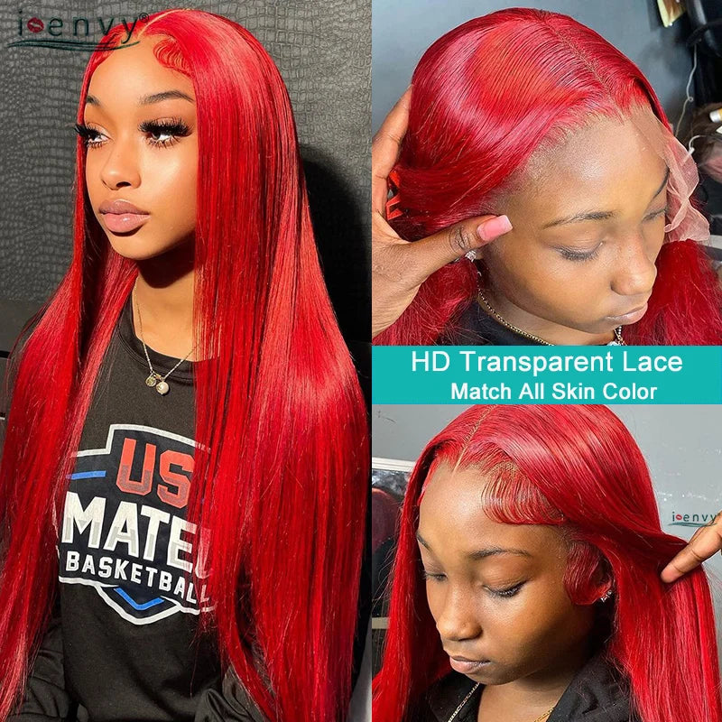 99J Red Colored Lace Front Human Hair Wigs Silky Straight 13X4 13X6 Burgundy Hd Transparent Pre Plucked Lace Frontal Wigs 180%