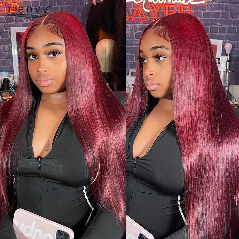 99J Red Colored Lace Front Human Hair Wigs Silky Straight 13X4 13X6 Burgundy Hd Transparent Pre Plucked Lace Frontal Wigs 180%