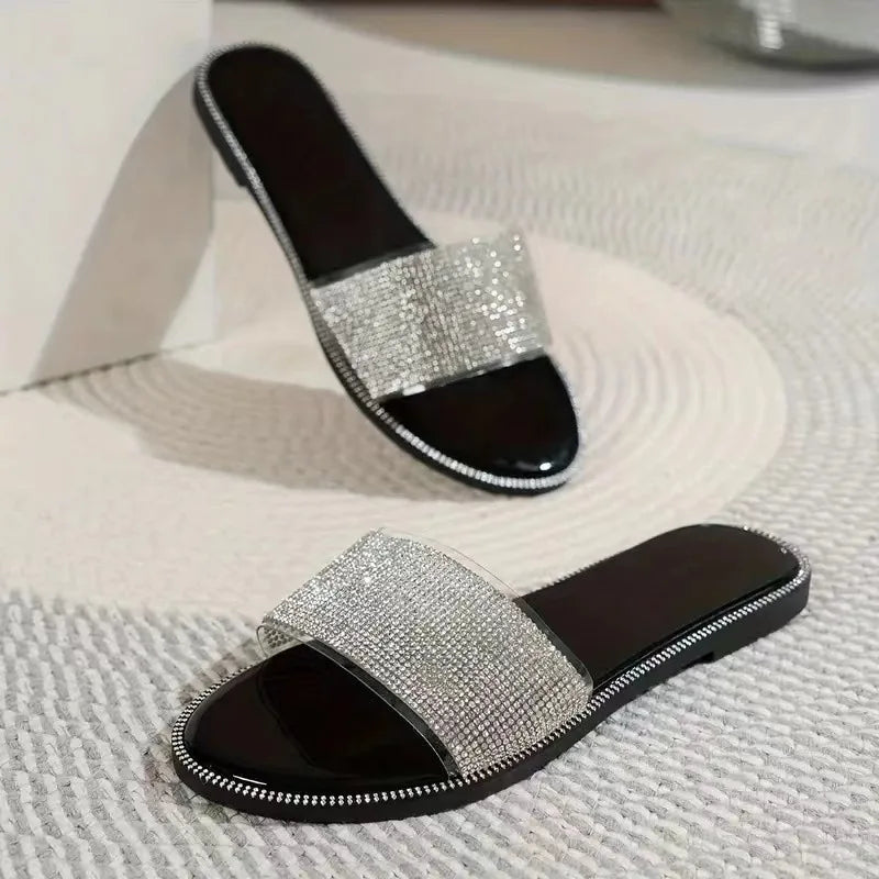 2024 New Shiny Rhinestone Fashion Ladies Slippers Outdoor Women Roman Shoes Flat Sandals Female Casual Beach Crystal Slides