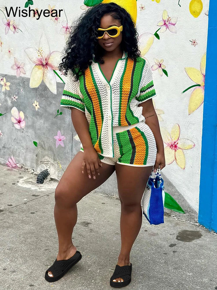 Sexy Colorful Striped Patchwork Knitting Two Piece Pants Set Women Short Sleeve Top and Shorts Fashion Beach Sweater Club Outfit