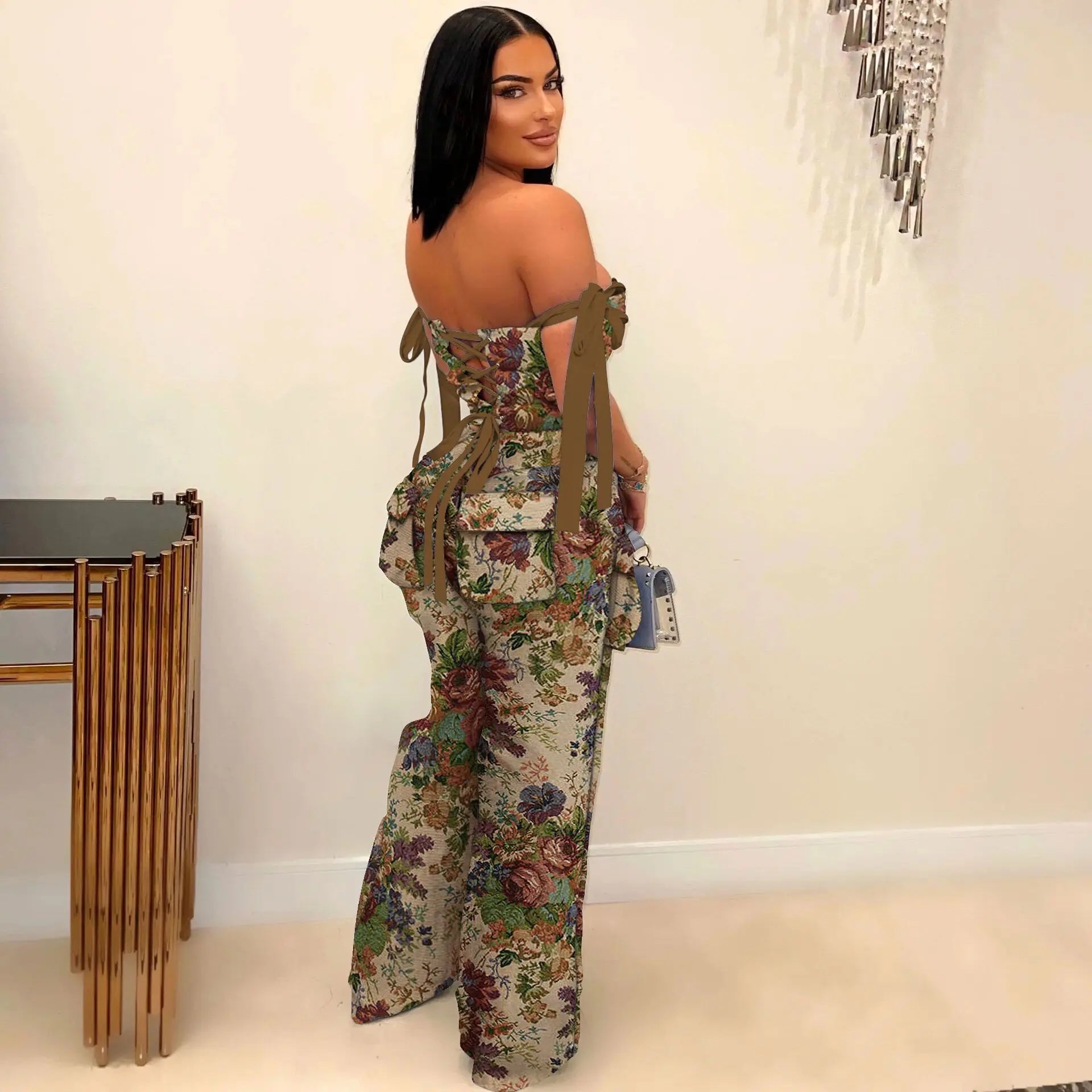 2 Piece Sets Women Print Top Straight Pants Suit Multiple Pockets Strapless Floor Length Trousers Ensemble 2025 Sexy Outfits