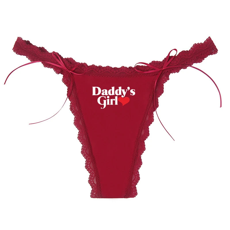 Come Here Daddy Underwear Cute Panties Women's Sexy Lace Thong Thin Strap Underwear Ripple Edge Wine Red Traceless GString