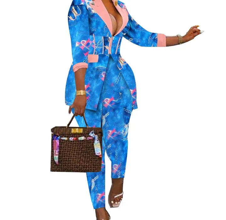 Sexy Two Piece Suit for Women Blazer and Pants Set Print Long Sleeves Coats and Trousers Streetwear Female Autumn Winter 2026