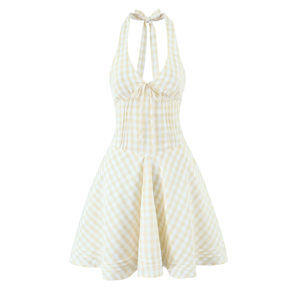 2025 Sexy Plaid Corset Style Bow Halter Sling Dress Women Lacing Up Bandage Back Slim Waist Mini Ball Gown Swing Dresses Robe