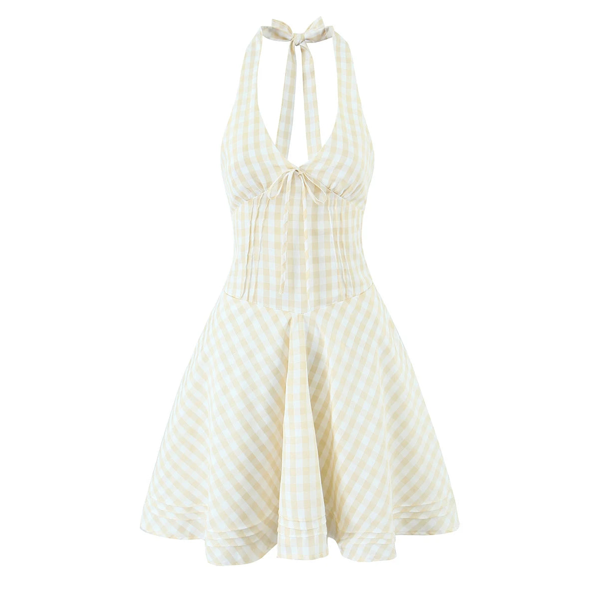 2025 Sexy Plaid Corset Style Bow Halter Sling Dress Women Lacing Up Bandage Back Slim Waist Mini Ball Gown Swing Dresses Robe