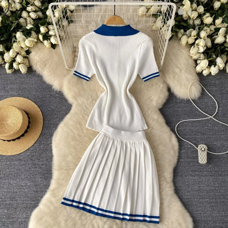 Fashion Knitting 2 Piece Sets Women Outfits Summer Clothing Women 2026 Polo-Neck Top Mini Skirt Suit Casual Knitted Dress Sets