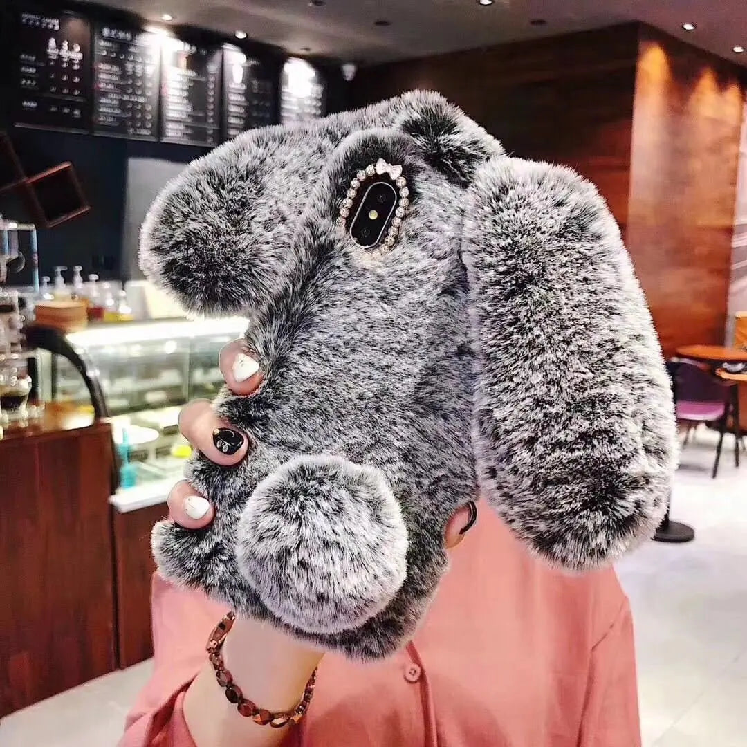 Cute Hairy Rabbit Animal Phone Case For iPhone 15 14 13 Pro Max 12 Mini 11 Pro Max X XS MAX XR 7 8 Plus Soft Plush Cover