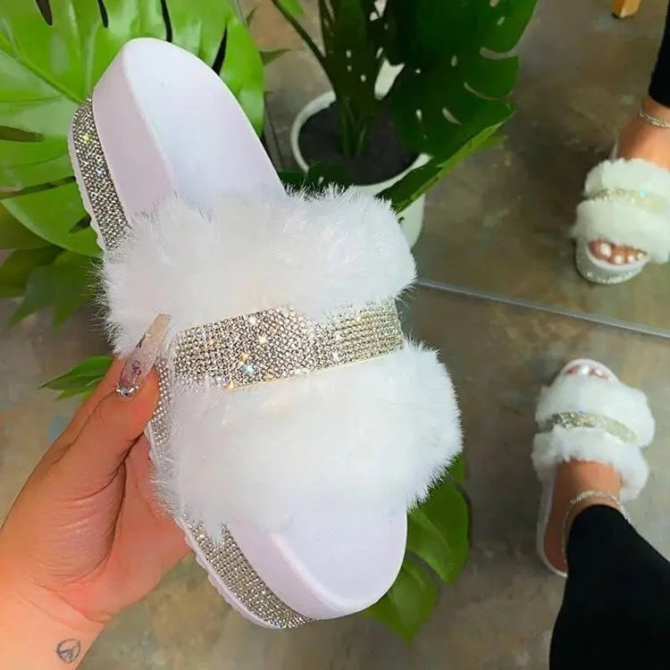 2026 Women's New Thick Bottom Water Diamond Hairy Slippers for Women's Autumn and Winter Flat Bottom Large Anti slip Slippers