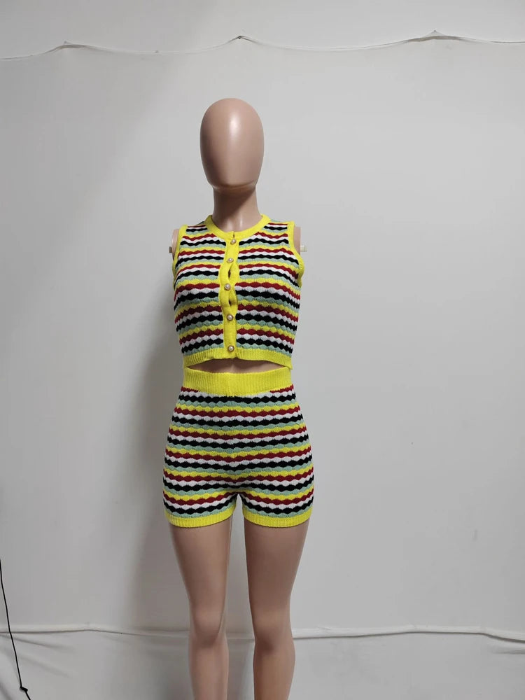 Sexy 2 Piece Shorts Set Women Outfit Knitted Striped Tank Top and Short Suits 2025 Summer Casual Vacation Sets Y2k Tracksuit