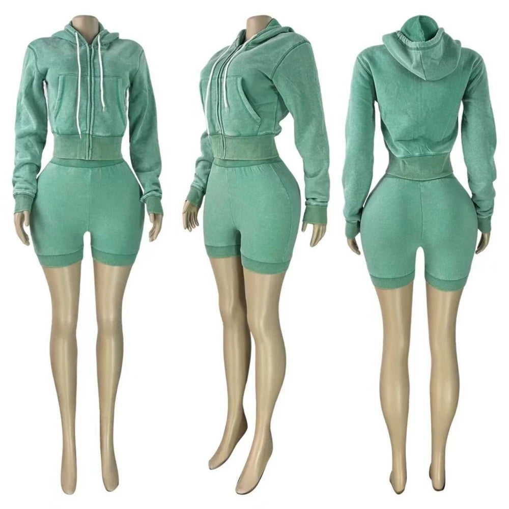 HLJ&GG High Quality Washed Casual Zip Hooded Two Piece Sets Women Long Sleeve Top+Biker Shorts Outfits Fashion Sporty Streetwear