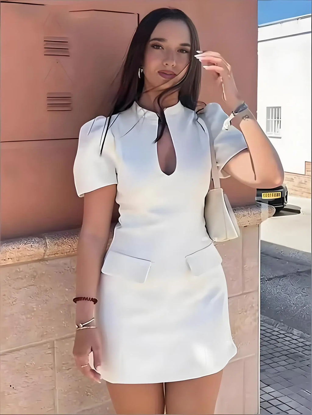 Women Elegant Chic Puff Sleeve Mini Dress Summer New Female O-Neck Hollow-Out Zipper Short Dress Fashion Lady Party Date Dress