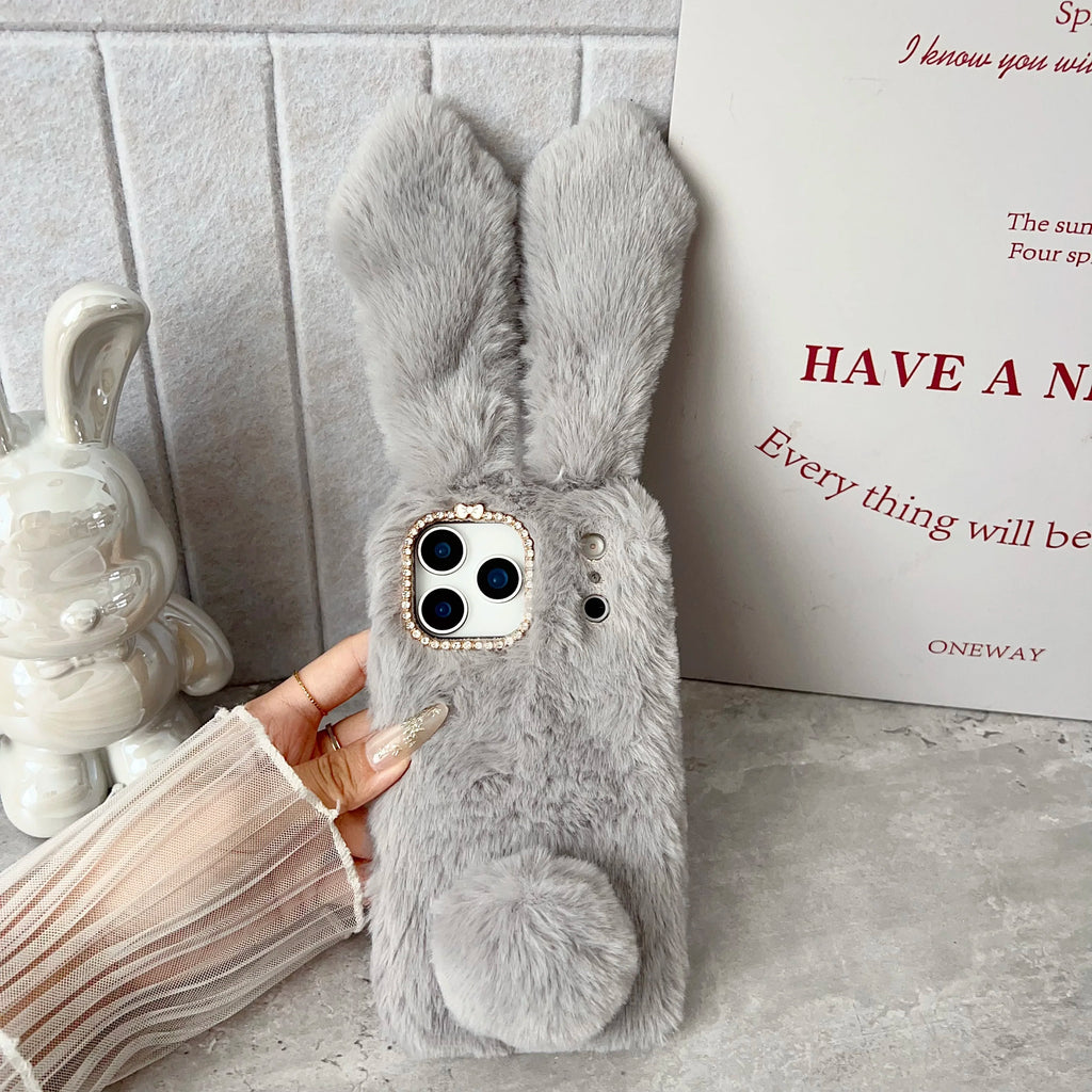 3D Cute Rabbit Ears Fur Plush Phone Case For iPhone 17 Pro Max 16 15 14 13 12 11Pro max Plus mini 17Air Furry Bunny Warm Cover