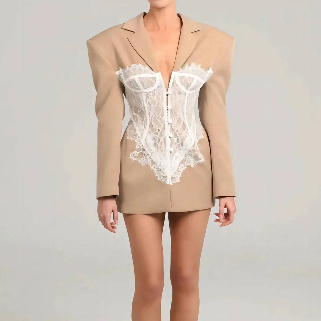 DEAT Fashion White Lace Patchwork Blazer Women's Notched Collar Slim Fit Long Sleeves Single Breasted Suit Jacket New Tide