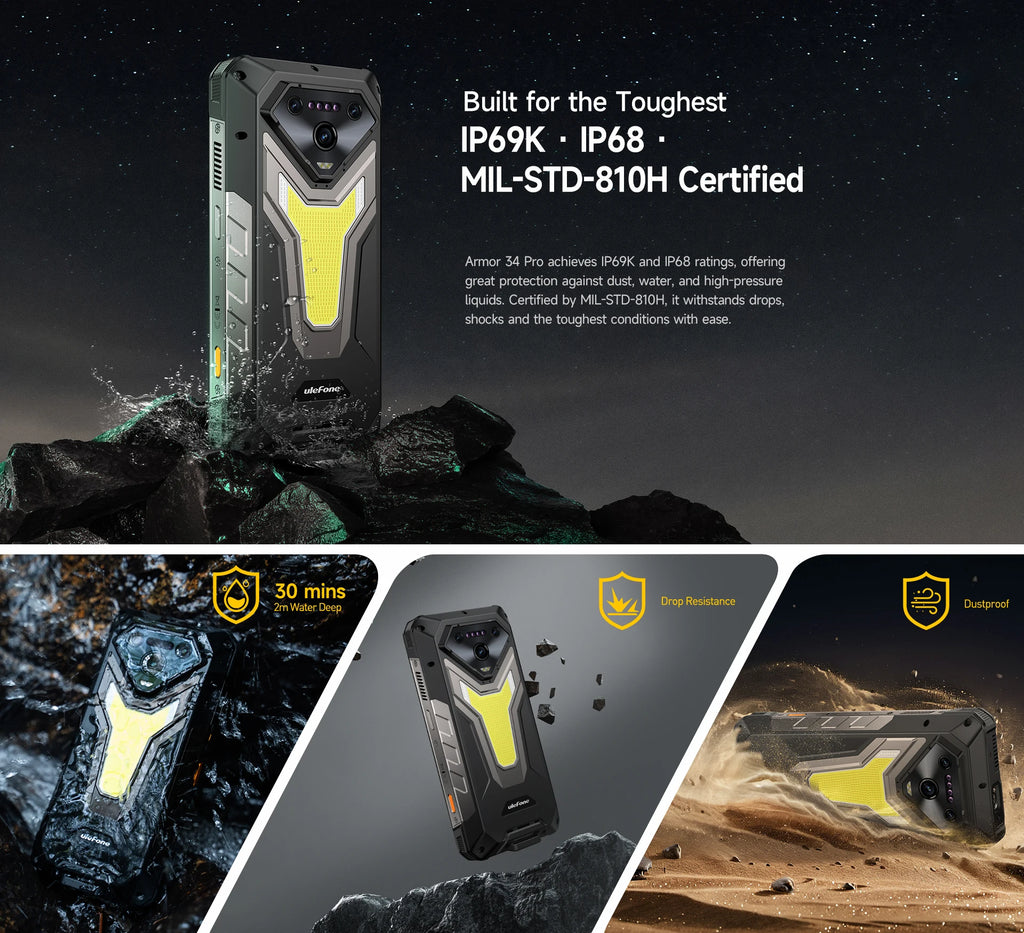 【2025 New】Ulefone Armor 34 Pro 5G AI Rugged Phone Smartphone Android 15 32GB+512GB 25500mAh Night Camera Built-in Projector