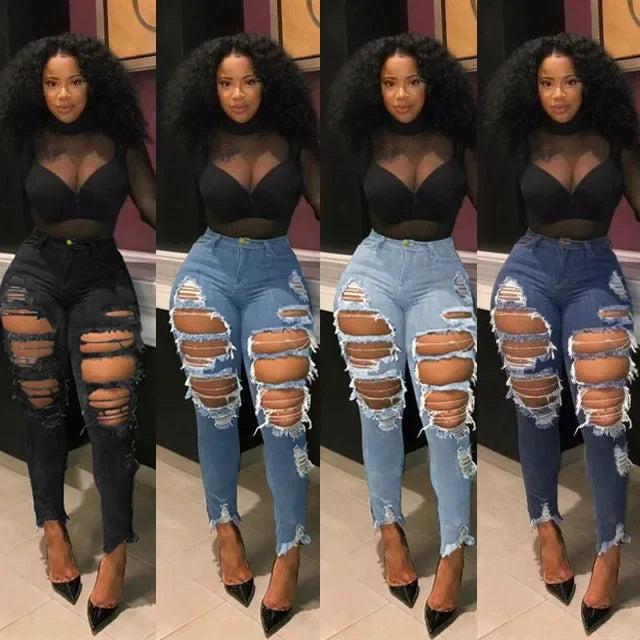 Hole Jeans Women Denim Pencil Pants Streetwear Washed Skinny Stretch High Waist Distressed Ripped Ankle Length Trousers 2025