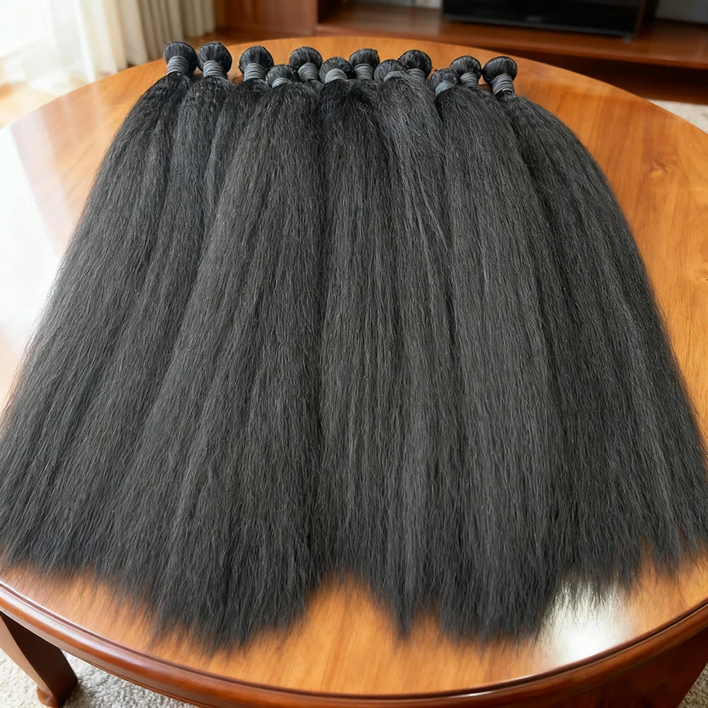 30 Inch Remy Human Hair Indian 12A Kinky Straight 3 Bundles Raw Virgin Unprocessed Yaki Straight Double Weft Bulk Braiding Hair