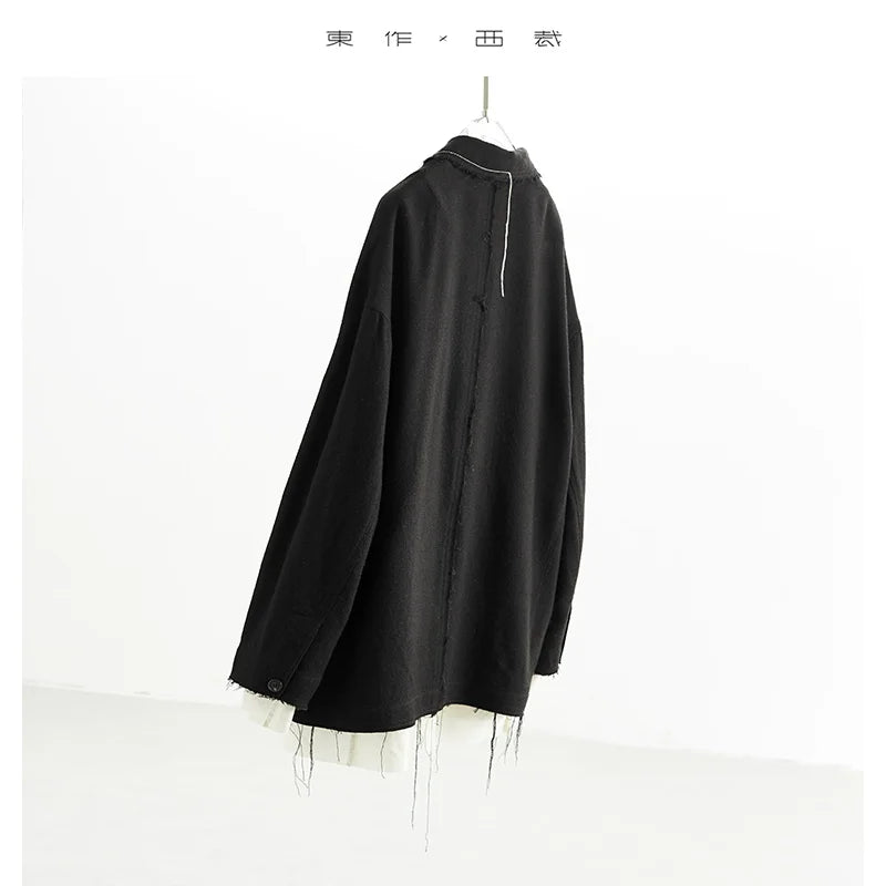 Custom Fabric Designer Style~Mysterious Black Blazer, Faux Two-Piece Fringed Oversized Jacket, Women's Casual Loose Top, New Spring 2026 Collection