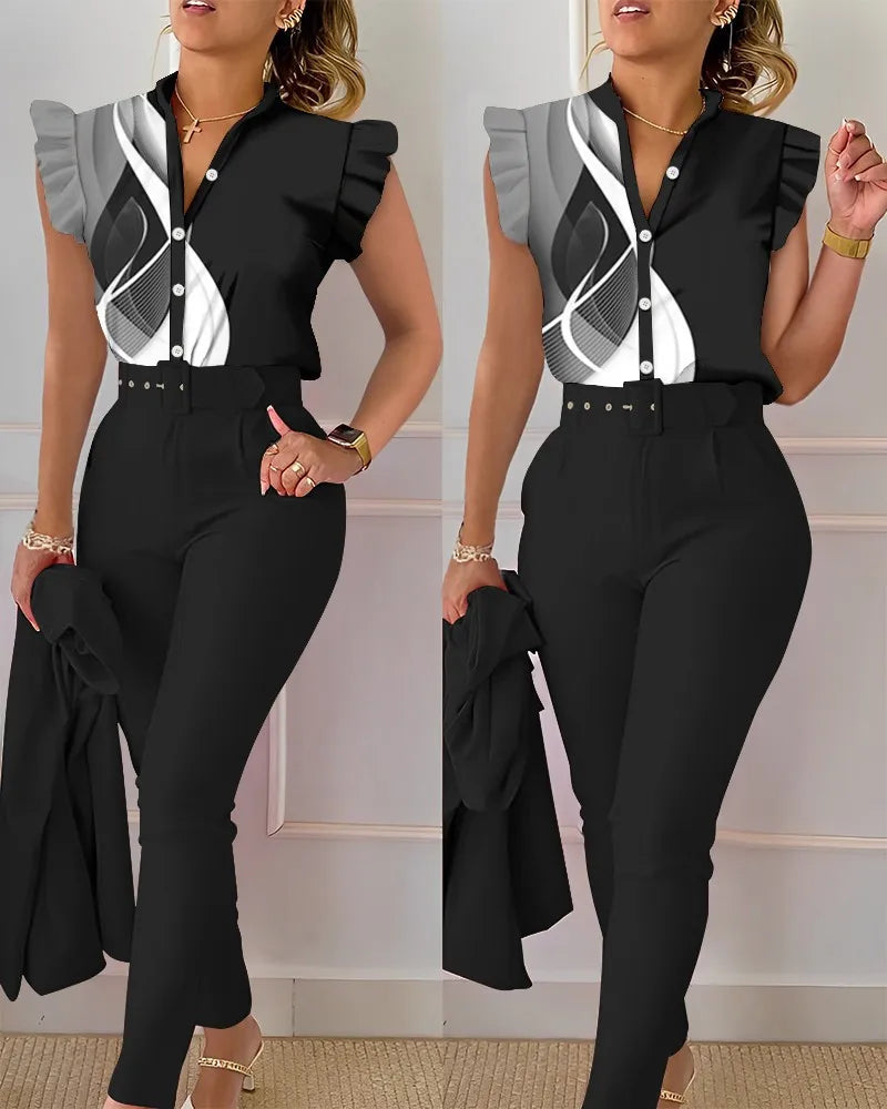 Spring Summer Women's New Printed Lotus Leaf Sleeveless Shirt Suit Elegant Slim Femal Office  Long Pants Belt Two Piece Set 2025