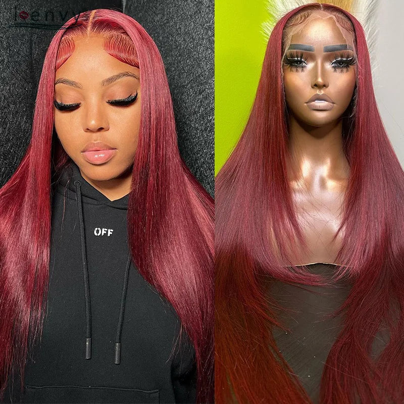 99J Red Colored Lace Front Human Hair Wigs Silky Straight 13X4 13X6 Burgundy Hd Transparent Pre Plucked Lace Frontal Wigs 180%