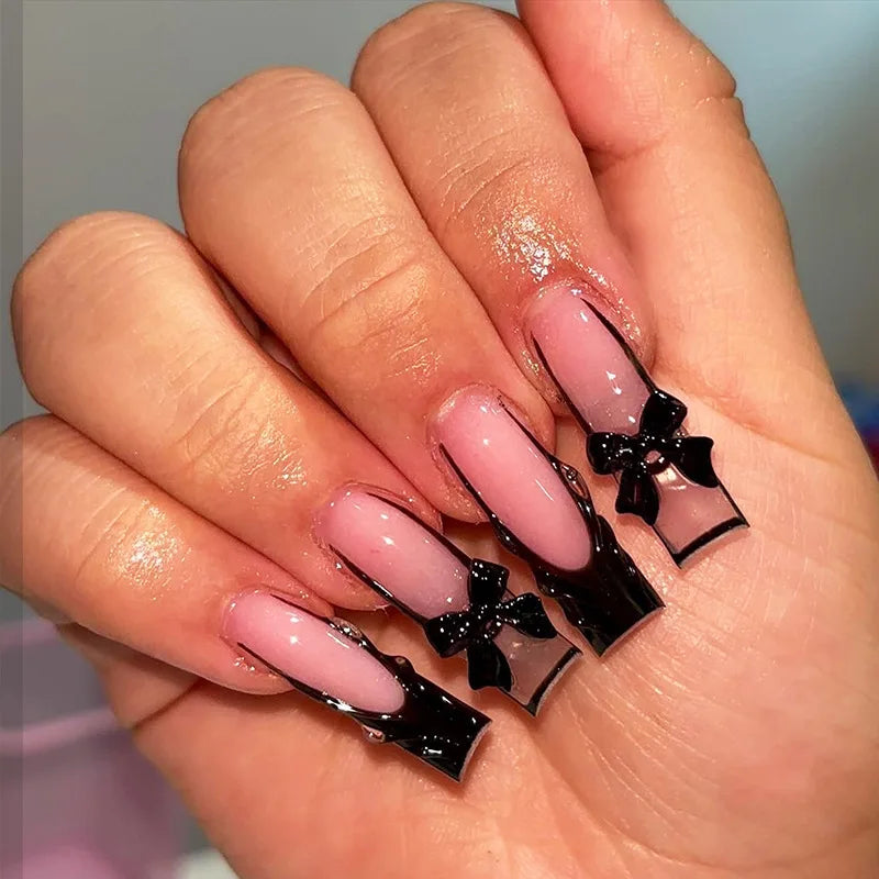 24pcs French Bow Press on Nails Extra Long Coffin Pink Sweet Nails Tips Love Pearl Diamond Fake Nail Square Ballet False Nail